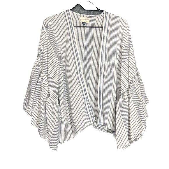 Kimono Cardigan Womens One Size Blue White Striped Gauzy Beachy Flounce Boho - Picture 1 of 5